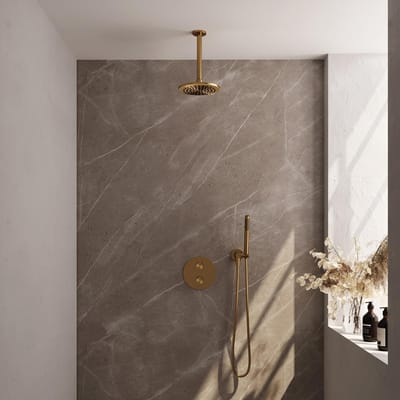 Brauer Gold Edition thermostatische inbouw regendouche 3-weg rond SET 77 met 20 cm douchekop en plafondarm en staaf handdouche en doucheslang en wandaansluitbocht goud geborsteld PVD