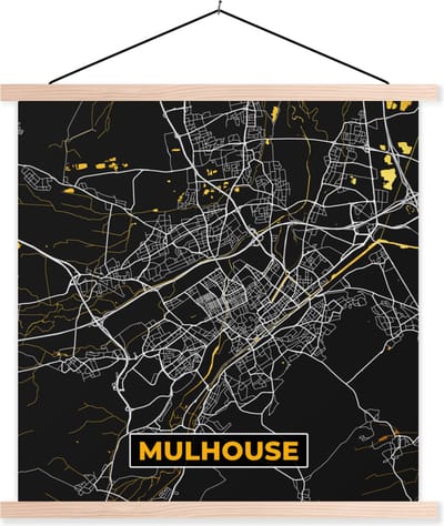 Posterhanger incl. Poster 40x40 cm - Schoolplaat - Stadskaart – Mulhouse - Plattegrond – Kaart – Frankrijk - Textielposter - Blanke latten - Stadskaart