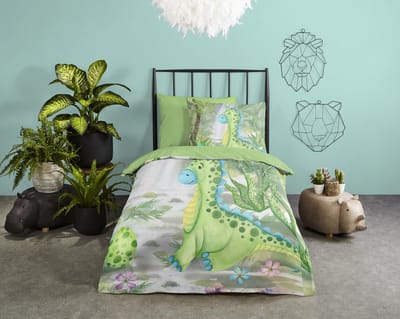Good Morning dekbedovertrek dinosaurus - 1 persoons 140x200/220 cm - Groen - 100% Katoen renforc�
