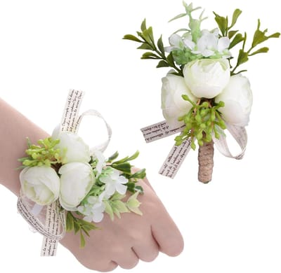 Pols Corsage Set - Bloem Armband - Feestelijke Bruiloft - Hoogwaardige Stof - 2 Stuks - Wit