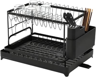 Afdruiprek Keuken - Droogrek met lekbak - Keuken organiseren - Draaibare afvoer - 42 inch - Zwart