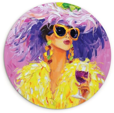 WallCircle® Wandcirkel 120x120 cm - Muurcirkel Zonnebril - Vrouw - Jas - Veren - Muurdecoratie woonkamer - Wanddecoratie slaapkamer - Kamer decoratie accessoires - Ronde schilderijen XXL