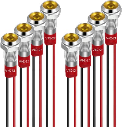 6mm LED Indicatorlicht 12-24V Waterdicht Signaallicht voor Paneelmontage - Metalen Flat Head met Draden en Zilverkleurige Behuizing (Geel, 8 stuks)