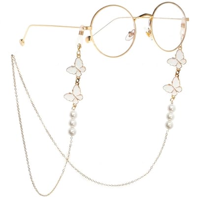 Witte vlinder brillenketting met parels – elegante brillenkoord dames – brillenbandje voor zonnebril en leesbril
