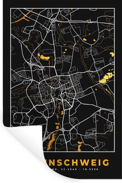 Muurstickers - Sticker Folie - Braunschweig - Goud - Stadskaart - Plattegrond - Kaart - Duitsland - 20x30 cm - Plakfolie - Muurstickers Kinderkamer - Zelfklevend Behang - Zelfklevend behangpapier - Stickerfolie
