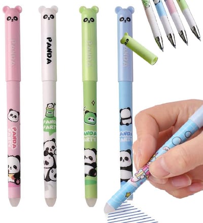 Schattige Japanse Uitgumbare Pennen – Panda | 4 Stuks | 0.35 mm | Blauwe Inkt | Cartoon Dieren Balpennen | School & Kantoor | Soepel Schrijven & Uitwisbaar