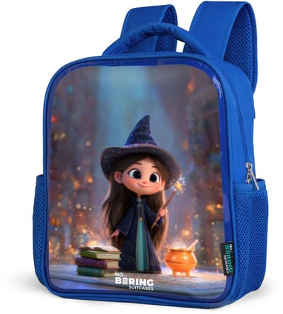 NoBoringSuitcases.com® - Rugzak blauw - Schooltas jongens - Kleine tovernares in bibliotheek - Kinder rugtas jongen - Boekentas kind - Kinderrugzak voor school - Schoolrugzak