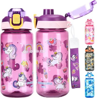 Thijox - Drinkfles voor Kinderen 600 ml - BPA-vrije Sportwaterfles met Lekvrij Flip-Topdeksel - Geschikt voor Meisjes en Jongens - Paars met Eenhoorn
