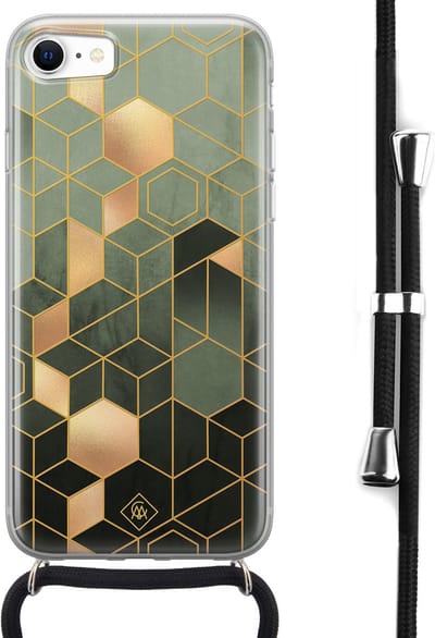 Casimoda® hoesje met koord - Geschikt voor iPhone SE (2020) - Kubus Groen - Afneembaar koord - Siliconen/TPU - Groen