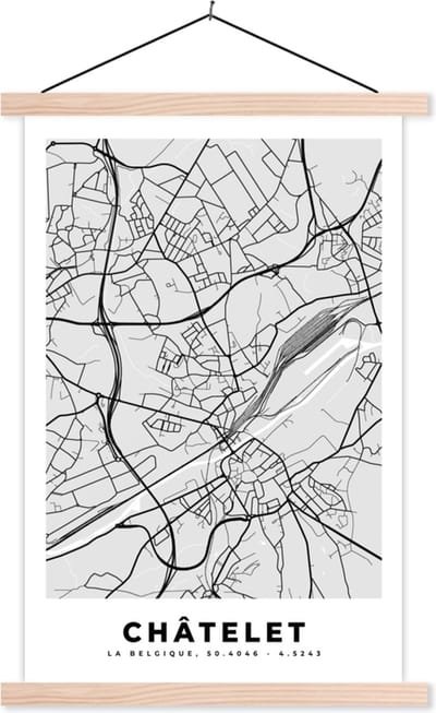 Posterhanger incl. Poster 40x60 cm - Schoolplaat - België – Châtelet – Stadskaart – Kaart – Zwart Wit – Plattegrond - Textielposter - Blanke latten - Stadskaart