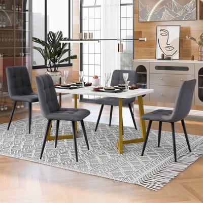 Sweiko 117cm Eettafel met 4 Stoelen Set, Rechthoekige Eettafel Moderne Keukentafel Set, Donkergrijze Linnen Eetstoel, Gouden Tafelpoten