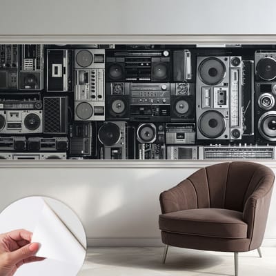 Coloray Zelfklevend Behang - Retro radio Zelfklevend fotobehang - 250x104 cm - Zwart Zelfklevend Behang - Voor op kantoor, voor de woonkamer, voor de hal - Peel-and-stick techniek - Stickerbehang op rol