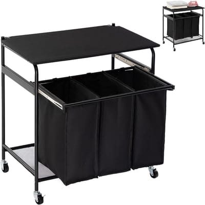 ApexArte® Wasmand 3 Vakken - Wassorteerder - 120L - Zwart