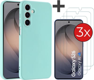 Hoesje geschikt voor Samsung Galaxy S26 hoesje zacht siliconen met 3 Stuks gehard glas Screenprotectors - Arara backcover - Mint Groen