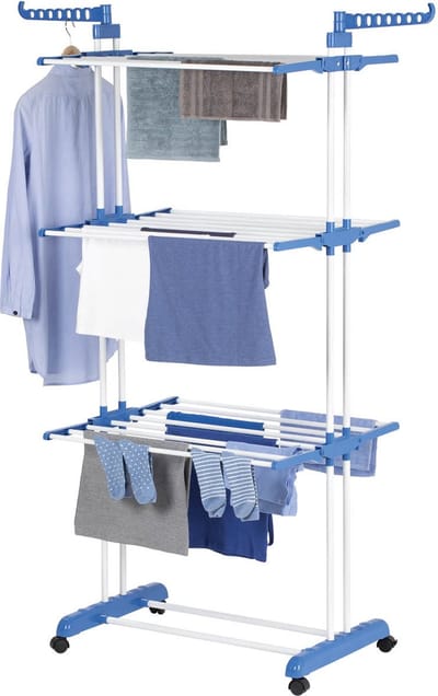 EASYmaxx kledingrek 3 planken met wielen - 63x76x173 cm - wit/blauw