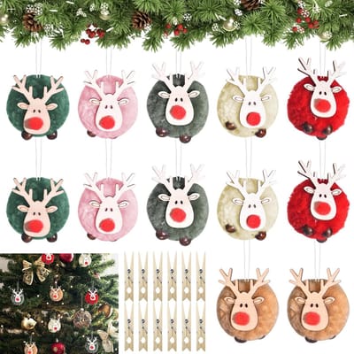 12 Stuks Kerstboom Hangers, Pluche en Houten Ornamenten voor DIY Kerstdecoratie, Feestelijke Versieringen met Clips