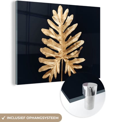 MuchoWow® Glasschilderij 160x120 cm - Schilderij acrylglas - Bladeren - Herfst - Goud - Zwart - Natuur - Luxe - Foto op glas - Schilderijen
