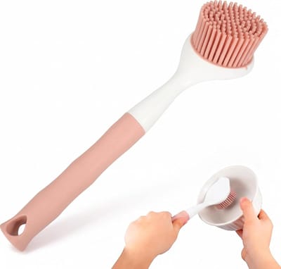 Siliconen Potborstel voor Keuken - Handige Afwasborstel met Handvat voor Pannen en Vaat - Roze Schoonmaakborstel voor Aanrecht en Gootsteen
