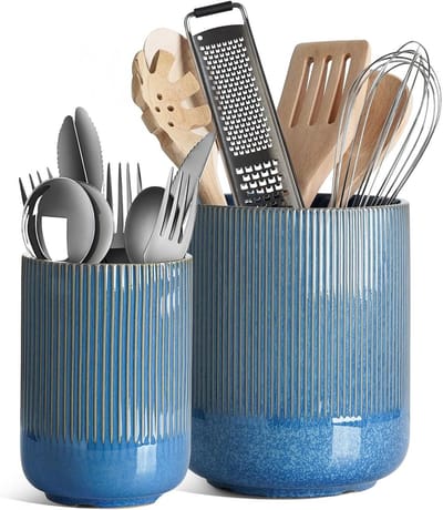 Keramische Keuken Gereedschap Houder Set van 2, 18.5cm en 13.7cm, Ideaal voor Aanrecht, Moederdag Cadeau, Marmer Glazuur en Kustthema Decor