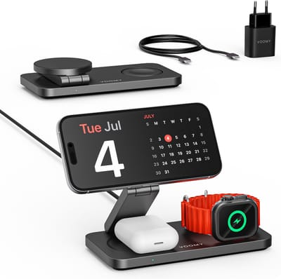 Voomy 3-in-1 Draadloze Oplader (15W Snellader) - Opvouwbaar Oplaadstation - Geschikt voor MagSafe, Apple Watch, Draadloze Oortjes - Wireless Charger - Inclusief Adapter - Zwart