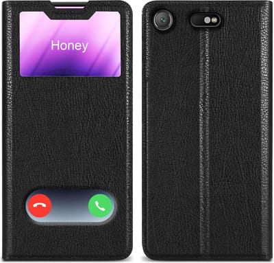 Cadorabo Hoesje geschikt voor Sony Xperia XZ1 COMPACT in KOMEET ZWART - Beschermhoes met magnetische sluiting, standfunctie en 2 kijkvensters Book Case Cover Etui