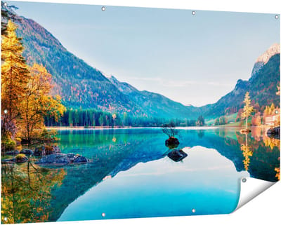 Gards Tuinposter Meer met Herfstbomen - 150x100 cm - Tuindoek - Tuindecoratie - Wanddecoratie buiten - Tuinschilderij