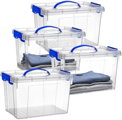 Plasticforte Opslagbox - 4x - met deksel - transparant blauw - 11 liter - 34 x 24 x 21 cm - kunststof - opbergdoos - opbergen