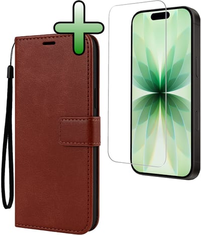 Hoesje Met Screenprotector - Geschikt voor Apple iPhone 17 - Luxe Pasjeshouder - Bookcase Portemonee - Flip Case - Kunstleer Book Case - Flipcase - Book Cover - Walletcase - Portemonneehoes - Bruin