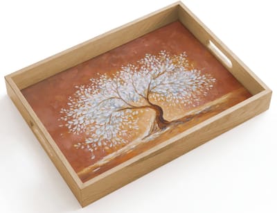 Dienblad hout 40x30 cm - Schootdienblad - Abstract - Boom - Wit - Bladeren - Borrelplank rechthoek - Plateau dienbladen