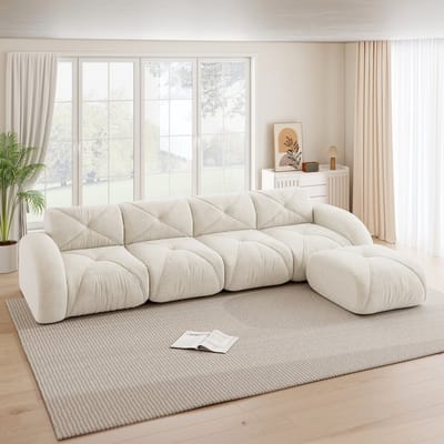 MODENUIT Hoekbank 4-Zits - Modulair Met Hocker En Antislip Onderzijde - Voor Woonkamer - Chenille - Wit