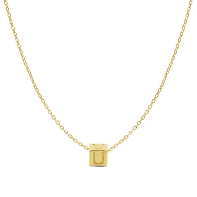 New Bling 9NBG-909U Gouden Letterhanger met Ketting - Letter U - Kubus - 4x4x4mm - Ankerschakel - 0,9 mm Breed - Lengte 38+4+3cm - 14 Karaat - Geelgoud