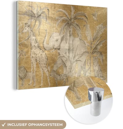 MuchoWow® Glasschilderij 40x30 cm - Schilderij acrylglas - Jungle - Kinderen - Goud - Kinderen - Dieren - Foto op glas - Schilderijen