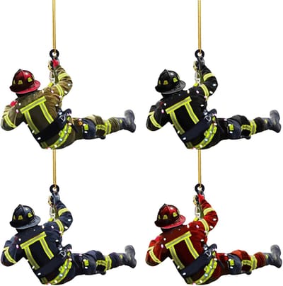 Grappige kerstboomversiering in acryl, 4 stuks brandweerman decoraties voor kerstbomen, deuren en ramen, ideaal voor feestelijke decoratie