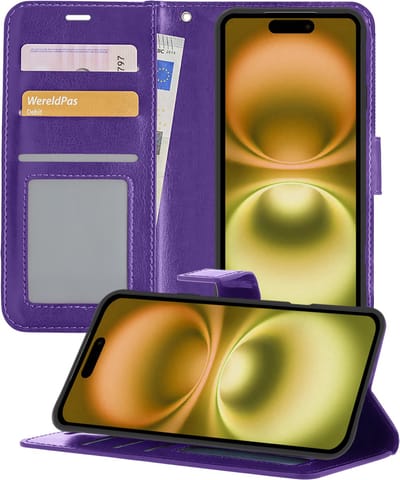 Hoesje - Met Pasjeshouder - Geschikt voor Apple iPhone 16 - Luxe Bookcase Portemonee - Flip Case - Kunstleer Book Case - Flipcase - Book Cover - Walletcase - Portemonneehoes - Telefoonhoesjes - Paars
