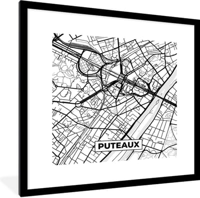 Fotolijst incl. Poster Zwart Wit- Kaart - Puteaux - Plattegrond - Frankrijk - Stadskaart - Zwart wit - 40x40 cm - Posterlijst