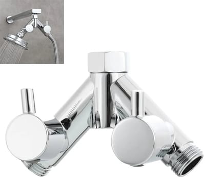 Messing Y-verdeelstuk met aparte schakelaar, verchroomd, 1/2 inch, geschikt voor doucheslangen en douchekoppen, met afsluitklep voor flexibele waterverdeling. Zilverkleurig.