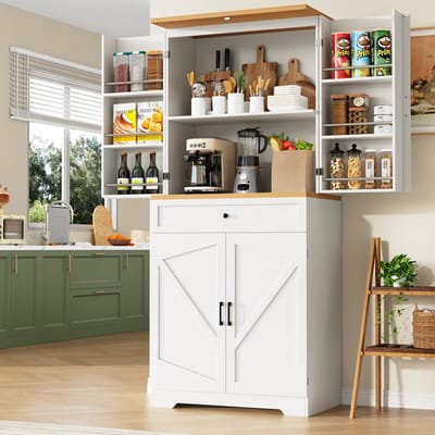 DESMIU Keukenkast - Hoge Opbergkast Met Open Vakken En Laden - Voor Keuken Eetkamer En Woonkamer - MDF - 80x40x180 Cm - Wit