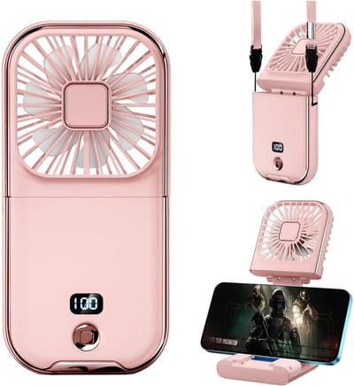 Ulisem - 5-in-1 draagbare handventilator - USB oplaadbare - halsventilator - bureauventilator - opvouwbare telefoonhouder - 4 luchtsnelheden - stille persoonlijke ventilator met LED-digitaal scherm - pink