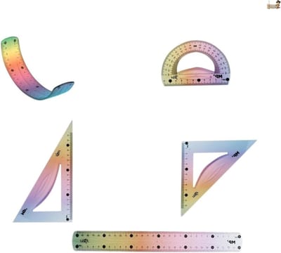 Meetinstrumenten set - Geometrie tekenset - Tekenen en meten - Flexibel kunststof - 30 cm liniaal - Regenboogkleuren