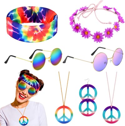 Vintage Hippie Kostuum Set met 7 Stukken, Inclusief Daisies Hoofdband, Ronde Zonnebril en Vredesteken Sieraden voor 60s en 70s Themafeesten