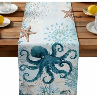 Blauwe Octopus Zeester Linnen Tafelkleed Huisdecoraties Zomer Oceaan Kust Keuken Eettafel Lopers Feestdecoratie 150x33cm gray