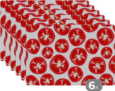 Placemat - Placemats kunststof - Tomaat - Patroon - Fruit - Groente - 45x30 cm - 6 stuks - Hittebestendig - Anti-Slip - Onderlegger - Afneembaar