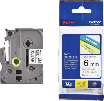 25 stuks (overdoos) Labeltape Brother P-touch TZE-111 6mm zwart op transparant 25 stuks