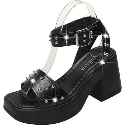 Sandales d'été à talons hauts épais pour femmes, plateforme, bride à boucle enroulée autour de la cheville, mode rivet, bout carré, chaussures habillées pour femmes 41 noir