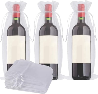 20 Stuks Organza Wijnflessen Geschenktassen met Treksluiting, Herbruikbare Witte Flessenhoezen voor Bruiloften, Kerst en Verjaardagen