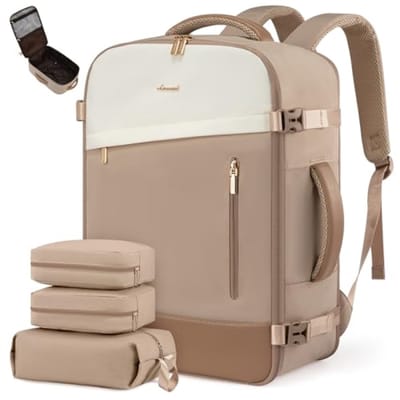 Handbagagerugzak voor dames, uitbreidbaar, 50x36x20 cm, 50 liter, vliegtuig handbagage, kaki-beige