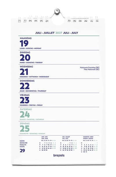 Brepols Wand-week kalender 2027 - Week begint op maandag - 13.5 x 21 cm