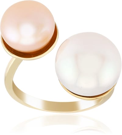 Cavill - Zilveren Verstelbare Ring - 925 Sterling Zilver - Witte en Oranje Zoetwaterparel - Moderne Parels - Elegante Open Ring - Dames Sieraad