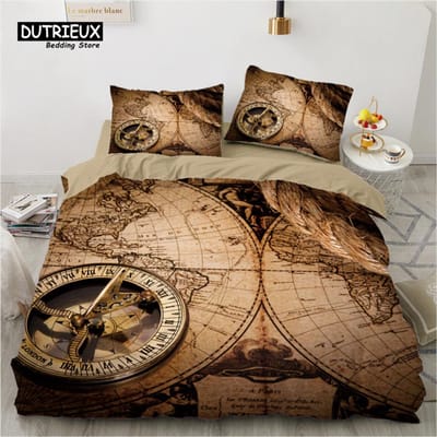 Dekbedovertrek Kompas Vintage Wereldkaart Beddengoedset Nautisch Kompas Op Achtergrond Oude Kaart Dekbedovertrek Voor Kinderen Volwassenen Decor EU single(135x200cm)