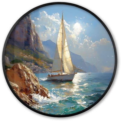 Poster in lijst Rond - Fotolijst 60x60 cm - Posters - Zeilschip - Zee - Rotsen - Wolken - Ronde posterlijst zwart - Decoratie - Wanddecoratie woonkamer - Muurdecoratie slaapkamer